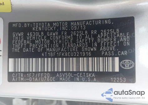 2014 Toyota Camry Se z USA, uszkodzony, nr VIN 4T1BF1FK8EU321916